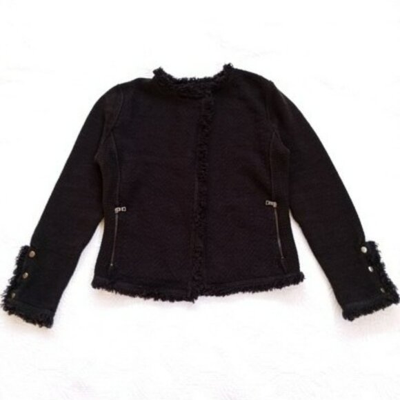 Nic+Zoe Jacket Black Textured Open Front Fringe Trim & Snap Cuff Detail Size XS - Picture 7 of 15